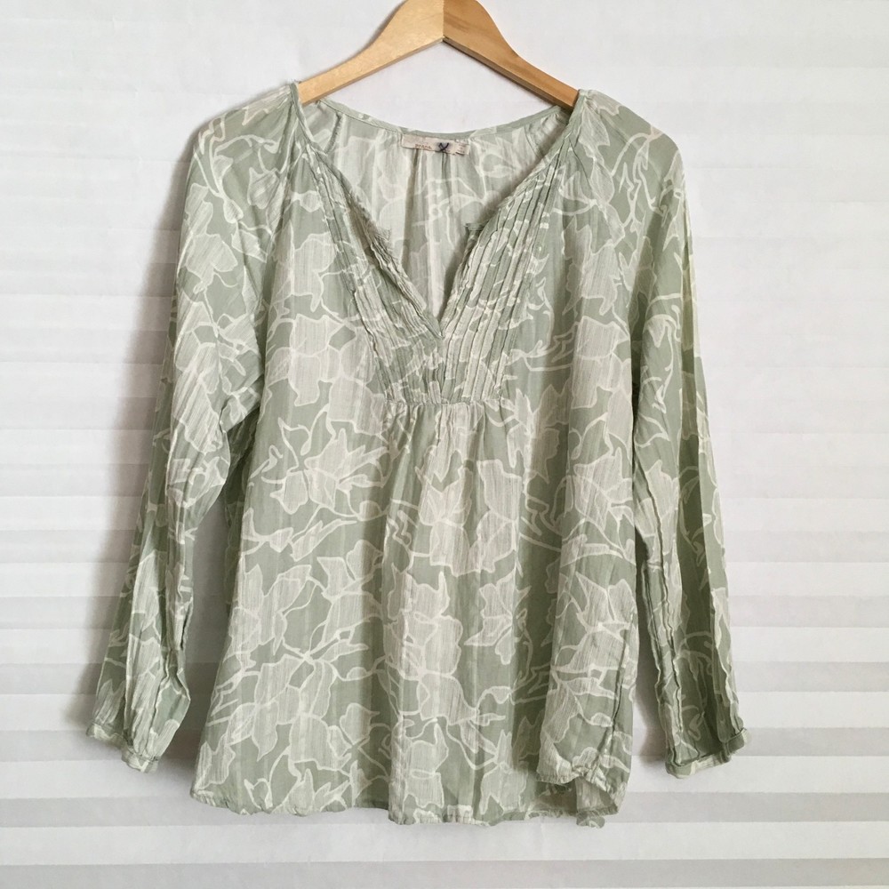 Prana Womens Blouse Top Size XL V Neck Long Sleeve Floral Print Green Pull On